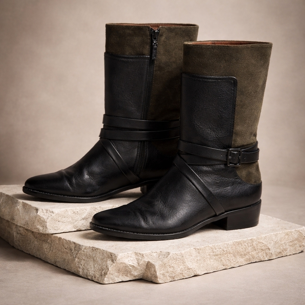 Rebecca Minkoff Green Suede Black Leather Mid-Calf Boots 8.5